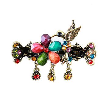Antique Brass Finish Rhinestone Hummingbird Floral Mini Claw w/ Tassels Colorful